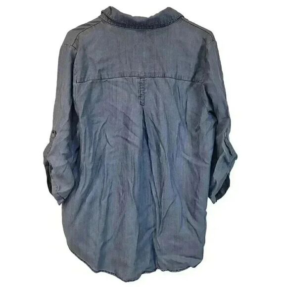 Aqua Women's Blue Med. Wash Tencil Chambray 1/2 Button Front Shirt w Collar & Po - Picture 6 of 9